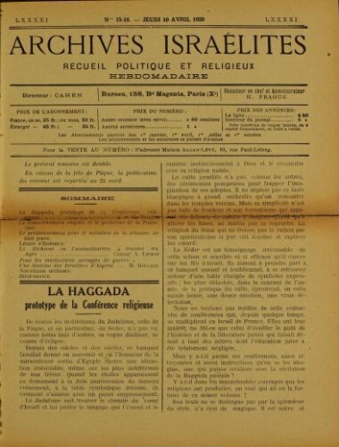 Archives israélites de France. Vol.91 N°15-16 (10 avr. 1930)